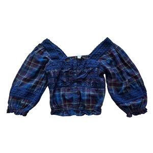 American Eagle Plaid Crochet Eyelet Crop Top Navy Burgundy Boho Flannel Medium